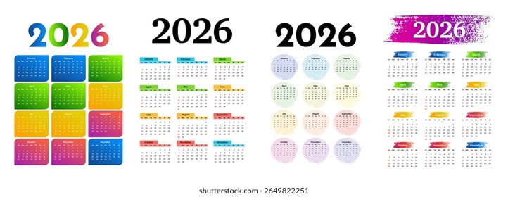 Conjunto de quatro calendários verticais para 2026 isolados sobre um fundo branco. De domingo a segunda-feira, modelo de negócios. Ilustração vetorial