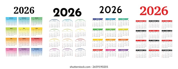 Conjunto de cuatro calendarios de Vertical para 2026 aislados sobre un fondo blanco. De domingo a lunes, Plantilla de negocios. Ilustración vectorial