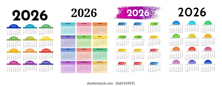 Conjunto de cuatro calendarios de Vertical para 2026 aislados sobre un fondo blanco. De domingo a lunes, Plantilla de negocios. Ilustración vectorial