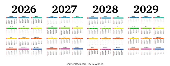 Satz von vier vertikalen Kalendern für 2026, 2027, 2028 und 2029 einzeln auf weißem Hintergrund. Sonntag bis Montag, Geschäftsvorlage. Vektorgrafik
