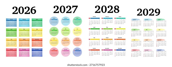Conjunto de quatro calendários verticais para 2026, 2027, 2028 e 2029 isolados sobre um fundo branco. De domingo a segunda-feira, modelo de negócios. Ilustração vetorial