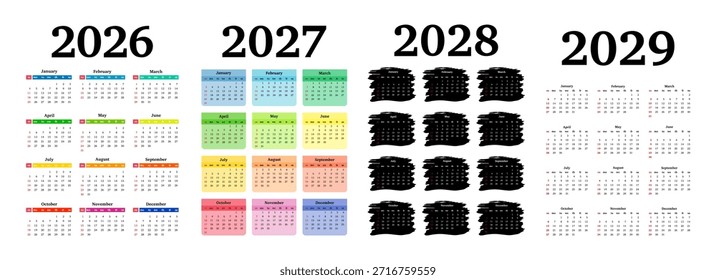 Conjunto de quatro calendários verticais para 2026, 2027, 2028 e 2029 isolados sobre um fundo branco. De domingo a segunda-feira, modelo de negócios. Ilustração vetorial
