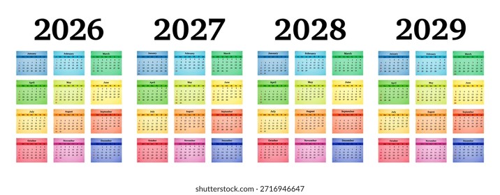 Satz von vier vertikalen Kalendern für 2026, 2027, 2028 und 2029 einzeln auf weißem Hintergrund. Sonntag bis Montag, Geschäftsvorlage. Vektorgrafik