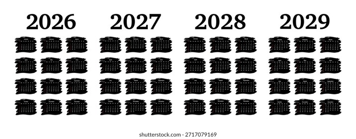 Conjunto de quatro calendários verticais para 2026, 2027, 2028 e 2029 isolados sobre um fundo branco. De domingo a segunda-feira, modelo de negócios. Ilustração vetorial