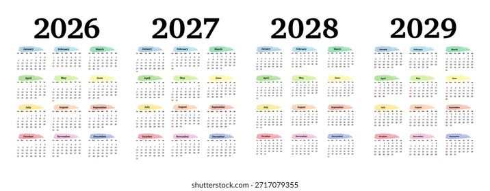 Satz von vier vertikalen Kalendern für 2026, 2027, 2028 und 2029 einzeln auf weißem Hintergrund. Sonntag bis Montag, Geschäftsvorlage. Vektorgrafik