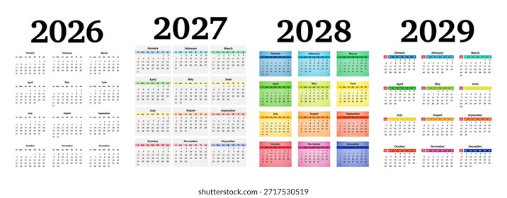 Satz von vier vertikalen Kalendern für 2026, 2027, 2028 und 2029 einzeln auf weißem Hintergrund. Sonntag bis Montag, Geschäftsvorlage. Vektorgrafik