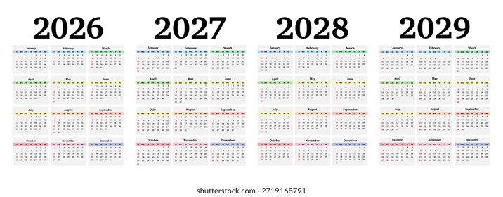 Conjunto de cuatro calendarios de Vertical para 2026, 2027, 2028 y 2029 aislados sobre un fondo blanco. De domingo a lunes, Plantilla de negocios. Ilustración vectorial