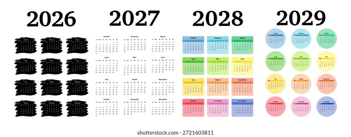 Conjunto de cuatro calendarios de Vertical para 2026, 2027, 2028 y 2029 aislados sobre un fondo blanco. De domingo a lunes, Plantilla de negocios. Ilustración vectorial