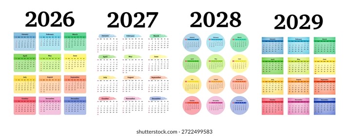 Conjunto de cuatro calendarios de Vertical para 2026, 2027, 2028 y 2029 aislados sobre un fondo blanco. De domingo a lunes, Plantilla de negocios. Ilustración vectorial