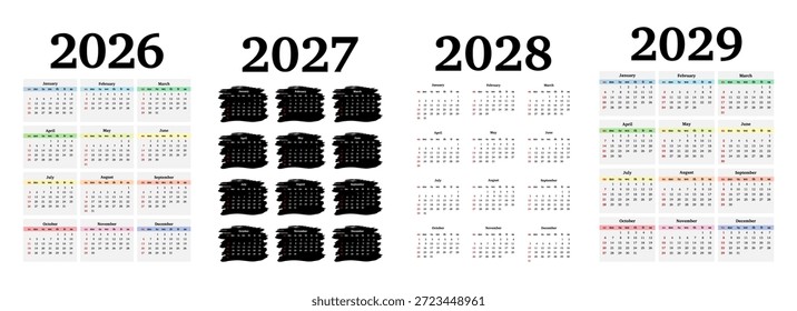 Conjunto de cuatro calendarios de Vertical para 2026, 2027, 2028 y 2029 aislados sobre un fondo blanco. De domingo a lunes, Plantilla de negocios. Ilustración vectorial