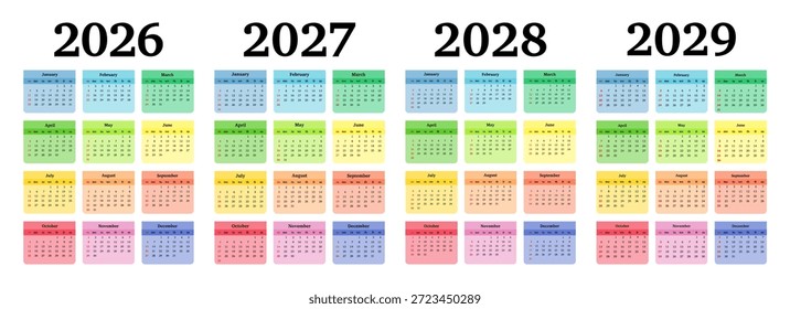 Conjunto de cuatro calendarios de Vertical para 2026, 2027, 2028 y 2029 aislados sobre un fondo blanco. De domingo a lunes, Plantilla de negocios. Ilustración vectorial