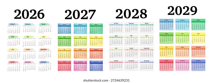 Conjunto de cuatro calendarios de Vertical para 2026, 2027, 2028 y 2029 aislados sobre un fondo blanco. De domingo a lunes, Plantilla de negocios. Ilustración vectorial