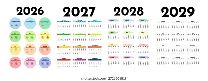 Conjunto de cuatro calendarios de Vertical para 2026, 2027, 2028 y 2029 aislados sobre un fondo blanco. De domingo a lunes, Plantilla de negocios. Ilustración vectorial