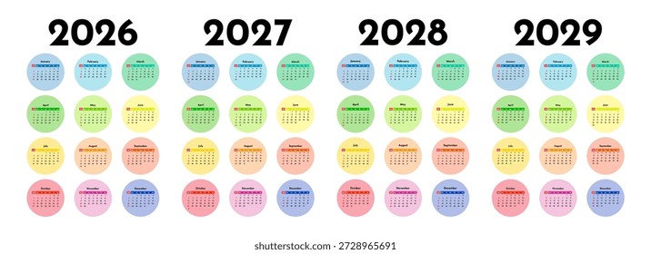 Conjunto de cuatro calendarios de Vertical para 2026, 2027, 2028 y 2029 aislados sobre un fondo blanco. De domingo a lunes, Plantilla de negocios. Ilustración vectorial