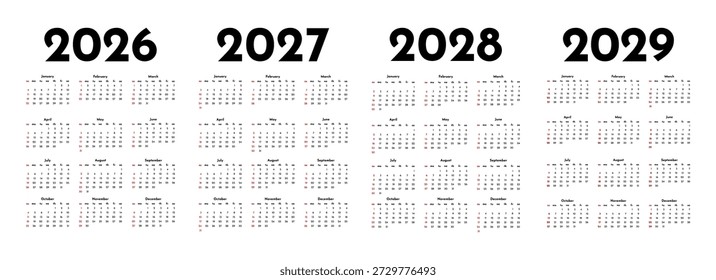 Conjunto de cuatro calendarios de Vertical para 2026, 2027, 2028 y 2029 aislados sobre un fondo blanco. De domingo a lunes, Plantilla de negocios. Ilustración vectorial