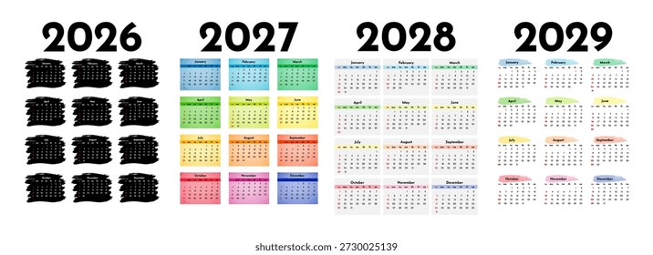 Conjunto de cuatro calendarios de Vertical para 2026, 2027, 2028 y 2029 aislados sobre un fondo blanco. De domingo a lunes, Plantilla de negocios. Ilustración vectorial