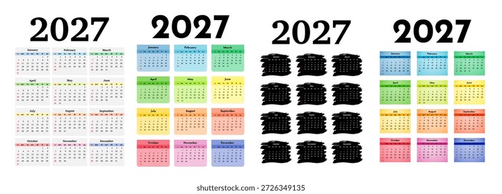 Conjunto de quatro calendários verticais para 2027 isolados sobre um fundo branco. De domingo a segunda-feira, modelo de negócios. Ilustração vetorial