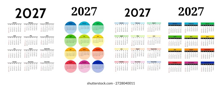 Conjunto de cuatro calendarios de Vertical para 2027 aislados sobre un fondo blanco. De domingo a lunes, Plantilla de negocios. Ilustración vectorial