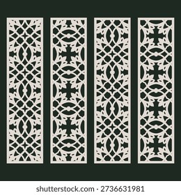 Set of four vertical decorative panels with intricate oriental geometric cutout patterns for laser cutting