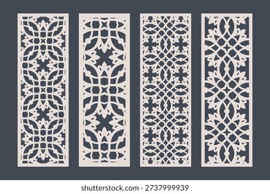 Set of four vertical decorative panels with intricate floral lace cutout patterns for laser cutting