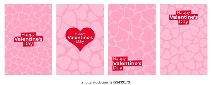 Conjunto de cuatro Plantillas de diseño de Vertical con patrón de corazón rosa y un mensaje feliz de San Valentín para historias de redes sociales