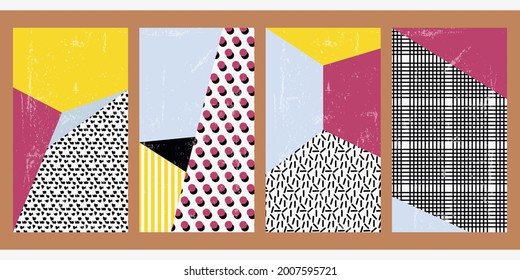 Conjunto de cuatro afiches geométricos verticales. Patrón de decoración. Decoración minimalista moderna en colores agradables. El fondo de color vintage se desvanece con varias formas, puntos, líneas, arañazos.