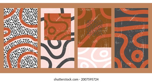 Satz von vier vertikalen geometrischen Plakaten. Muster für die Inneneinrichtung. Modernes minimalistisches Dekor in angenehmen Farben. Vintage verblasster Hintergrund mit verschiedenen Formen, Punkten, Linien, Kratzern.