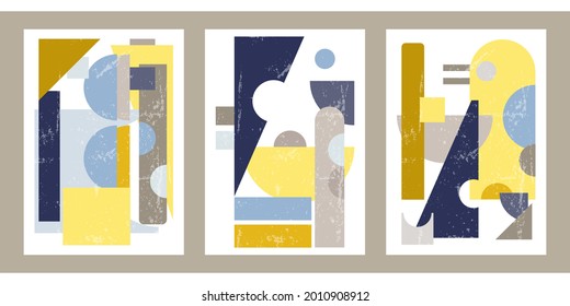 Set of four vertical geometric posters. Pattern for decorating interiors. Modern minimalistic decor in pleasant colors. Vintage faded background with various shapes, dots, lines.