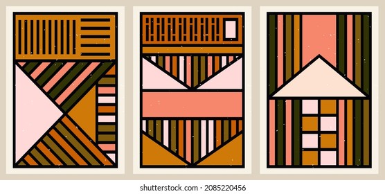Set of four vertical geometric posters. Pattern for decorating interiors. Modern minimalistic decor in pleasant colors. Vintage grained background with various shapes, dots, lines.