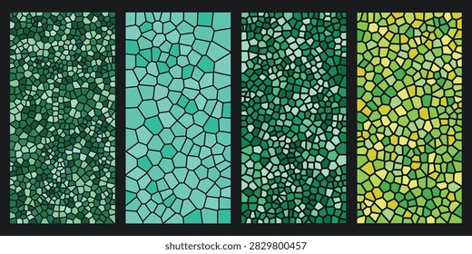 A set of four vertical panels featuring abstract geometric stained glass patterns in various shades of green, teal, and yellow.