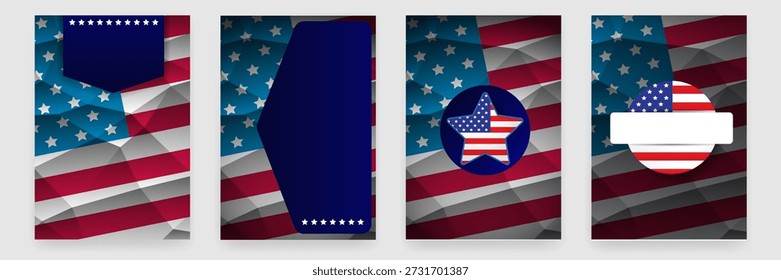 Conjunto de cuatro carteles patrióticos de Vertical con la bandera estadounidense sobre un fondo geométrico bajo de polietileno. Plantillas para los días festivos nacionales de Estados Unidos con espacios en blanco para texto y logotipos