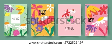 A set of four vertical posters featuring vibrant hand-drawn spring flowers and botanical elements with "Hello Spring" text in a flat textured vector style.