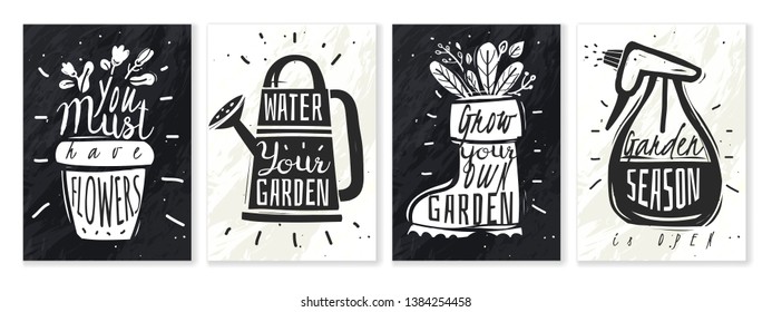 Set of four vertical posters garden slogans with chalk on a slate silhouettes of garden objects with words black and white hipster style