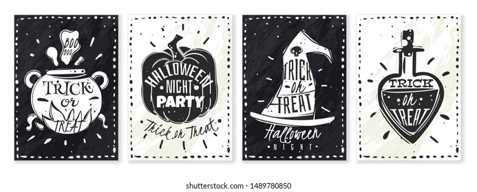 Set of four vertical posters for Halloween with inscriptions