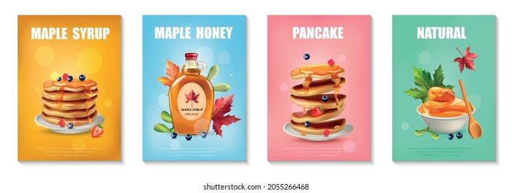 Set of four vertical posters with natural maple syrup and homemade pancakes on colored background isolated realistic vector illustration