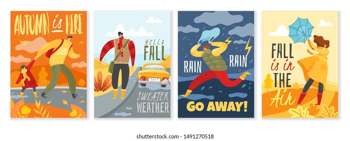set of four vertical posters with people in autumn clothes inscriptions on the fall theme different situations with the characters