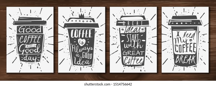 set of four vertical posters with subjects on the coffee theme and built-in quotes