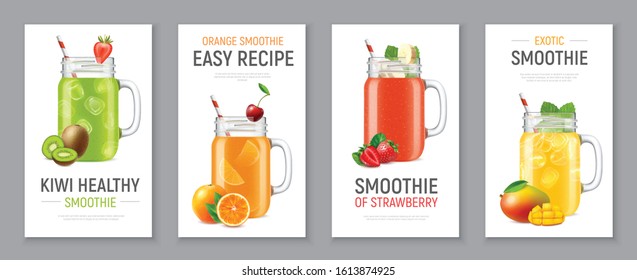 Set of four vertical realistic banners with cold fruit and berry smoothie in jars isolated vector illustration