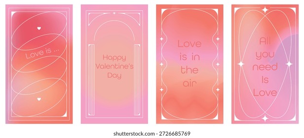 Conjunto de cuatro Anuncios románticos de Vertical con fondos degradados de malla rosa y naranja suave. Marcos elegantes con estrellas y citas de amor para historias e invitaciones de redes sociales del Día de San Valentín. Vector.