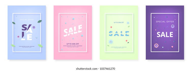 Set of four vertical Sale banners with frames. Sliced text style. Element for graphic design - ad, poster, flyer, tag, coupon, card. Vector illustration.