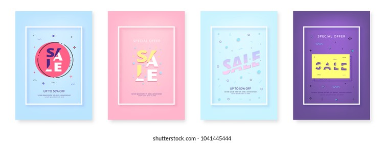 Set of four vertical Sale banners with frames. Sliced text style. Element for graphic design - ad, poster, flyer, tag, coupon, card. Vector illustration.