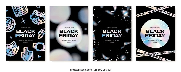 Conjunto de quatro modelos verticais para Black Friday, design holográfico moderno com círculos abstratos, adesivo, ícones estilo pixel art e fita promocional em fundo preto, ilustração vetorial.