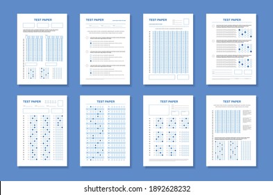 Set of four vertical test papers with realistic images of colorful exam sheets with editable text vector illustration