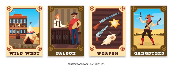 Set of four vertical wild west cowboy posters with vintage type text and doodle style images vector illustration