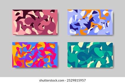 Set of four vibrant abstract fluid designs with organic shapes in bold color palettes