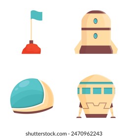 Set of four vibrant, cartoonstyle vector icons representing space exploration