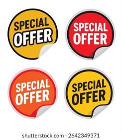 Conjunto de quatro adesivos circulares vibrantes com texto de "OFERTA ESPECIAL" em branco negrito, apresentando cores amarelas, vermelhas e laranja com um efeito de borda descascada.