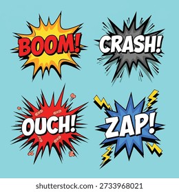 Eine Reihe von vier lebendigen Sprechblasen im Comic-Stil, die jeweils eine andere Lautmalerei enthalten: Boom, Crash, Ouch und Zap auf hellblauem Hintergrund.