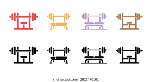 Set of four vibrant flat design bench press icons featuring weight plates in red orange purple and brown colors for fitness apps presentations