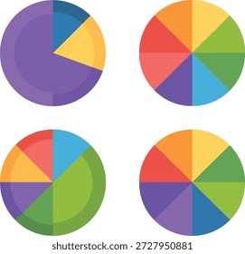 Eine Reihe von vier lebendigen Tortendiagrammen im flachen Stil, die die Datensegmentierung veranschaulichen, perfekt für Geschäftsberichte und Präsentationen.